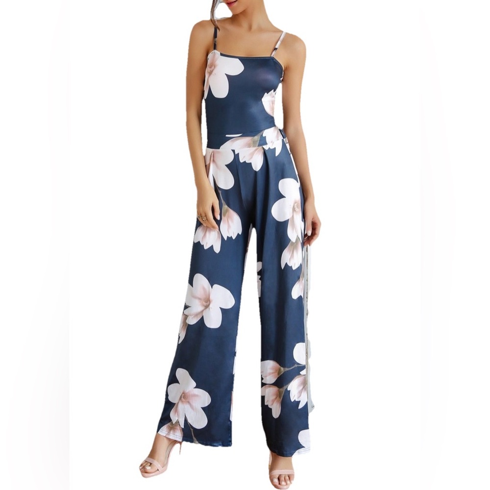 Floral Navy Spaghetti Strap Wide Leg Jumpsuit (slim fit) M